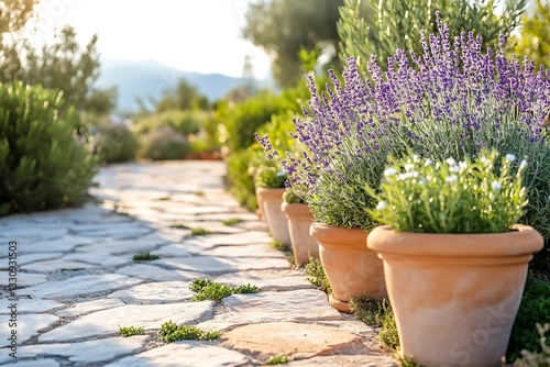 Sunlit garden path lined with lavender and terracotta pots