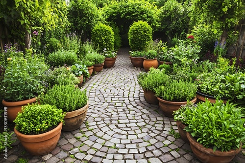 Potted herbs garden path, lush plants, hidden garden, tranquil scene
