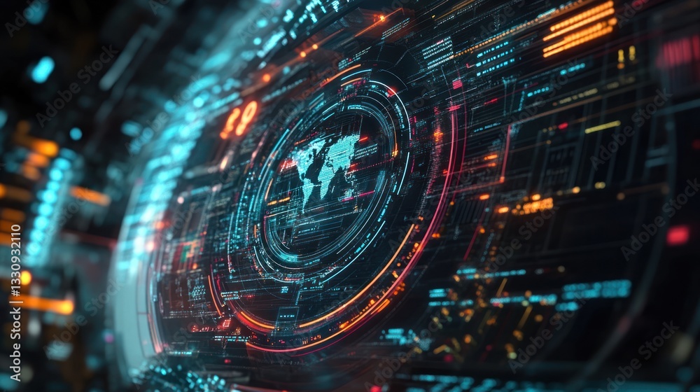 Global Network: Futuristic Digital World Map Interface Global Network: Futuristic Digital World Map Interface