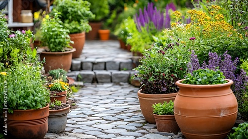 Rustic garden path lined with herbs and flowers, leading to a summer home