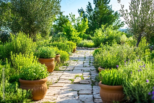 Sunlit herb garden path, terracotta pots, lush greenery, and vibrant flowers