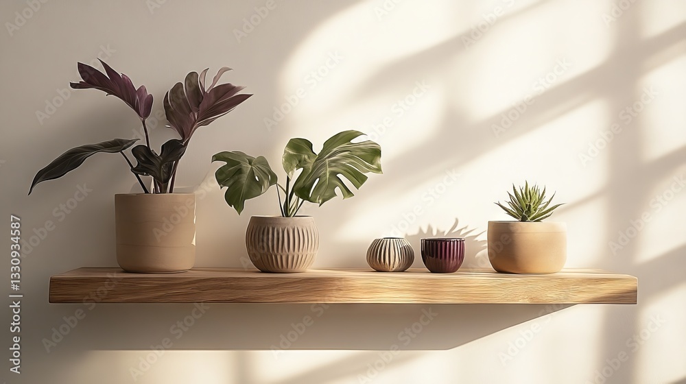 Scandinavian style floating timber shelf, curated collection of tropical foliage, perforated monstera leaves, striped spider plant fronds, dark purple peperomia, small desert plant, artisanal pottery Scandinavian style floating timber shelf, curated collection of tropical foliage, perforated monstera leaves, striped spider plant fronds, dark purple peperomia, small desert plant, artisanal pottery