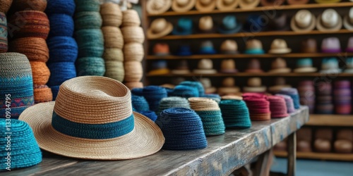 3D rendering of an Ecuadorian Panama hat, its fine handwoven texture displayed in crisp detail, placed on a wooden market stall for travel blogs, vacation websites, and lifestyle articles about summer