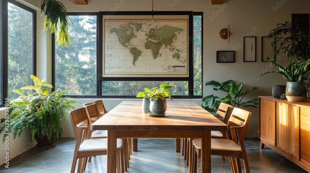 Obraz premium Organic modern dining space with live-edge acacia wood table, Scandinavian-style chairs, Boston ferns cascading from ceiling, prayer plants in ceramic vessels, panoramic window view, vintage