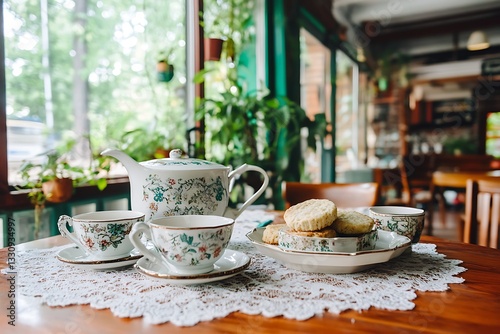 Vintage tea set on lace tablecloth in cafe with garden view
