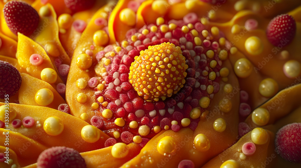 Abstract close up of fruit salad with mango, raspberry, and small spheres Abstract close up of fruit salad with mango, raspberry, and small spheres