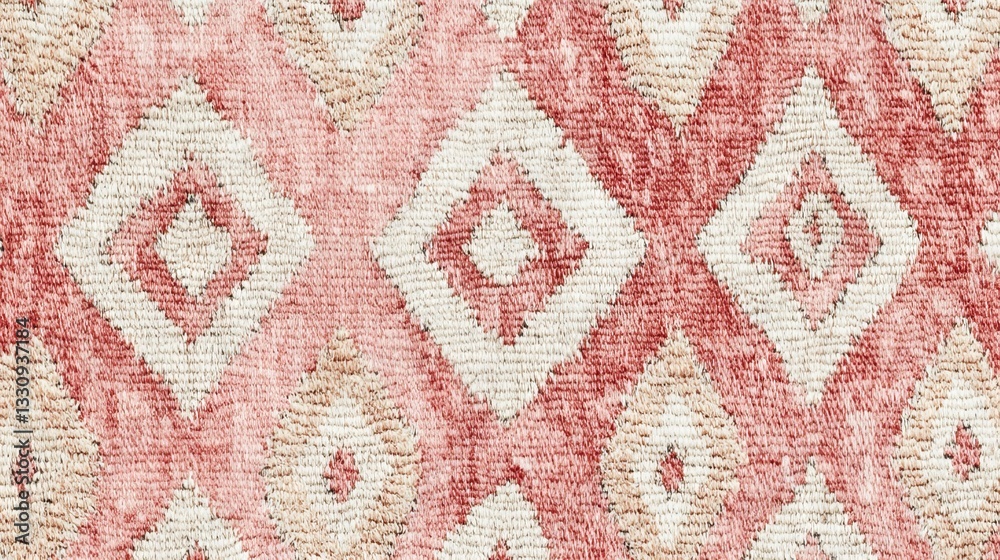 Intricately woven textile pattern featuring traditional Navajo diamond motifs and zigzag lines in soft dusty pink and coral hues, complemented by cream and subtle sage accents, photographed in Intricately woven textile pattern featuring traditional Navajo diamond motifs and zigzag lines in soft dusty pink and coral hues, complemented by cream and subtle sage accents, photographed in