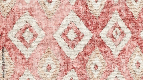 Intricately woven textile pattern featuring traditional Navajo diamond motifs and zigzag lines in soft dusty pink and coral hues, complemented by cream and subtle sage accents, photographed in