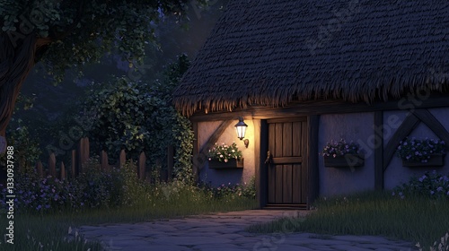 Rustic cottage entrance at twilight in a forest
