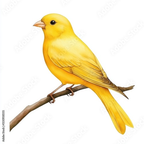 Bright Yellow Bird Perched on Branch Artwork with Detailed Features