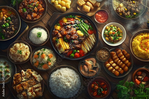 A lavish spread of diverse Asian dishes arranged beautifully on a wooden table photo