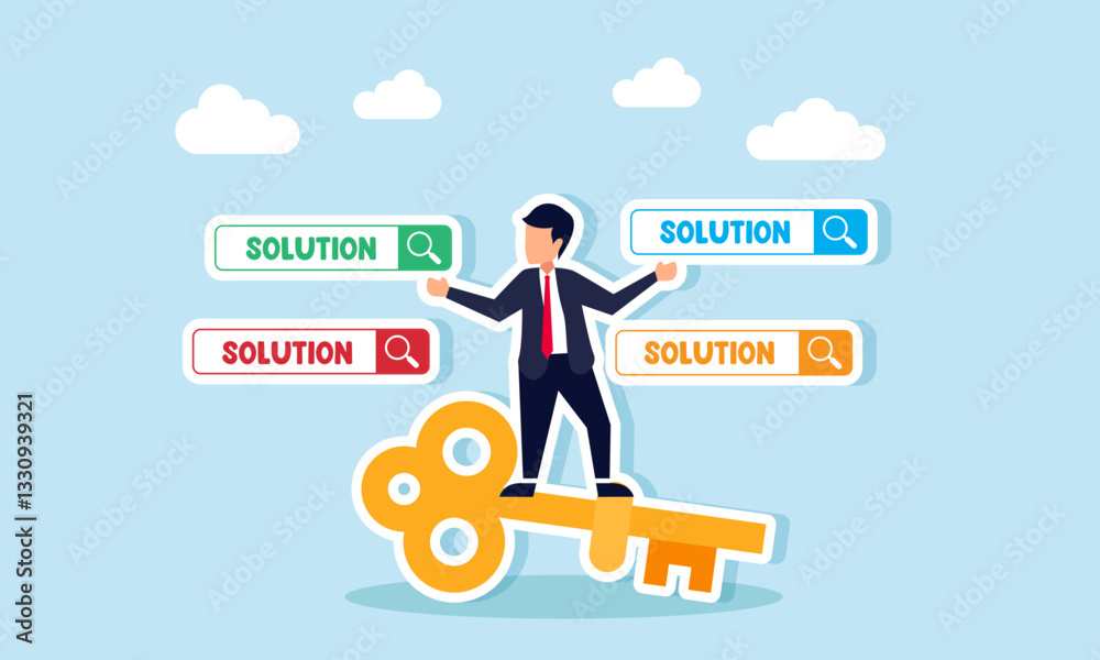 A businessman stands on a key surrounded by search engines labeled SOLUTION, illustration of suggestions related to business solutions A businessman stands on a key surrounded by search engines labeled SOLUTION, illustration of suggestions related to business solutions