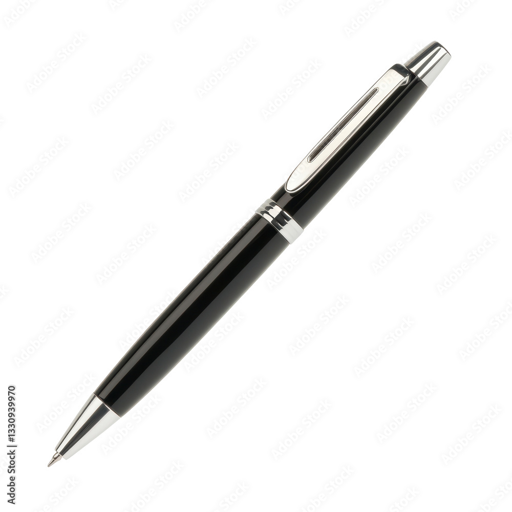 Sleek black pen with silver trim on white background Sleek black pen with silver trim on white background