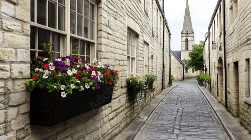 Quaint stone alleyway with flowers, church in background