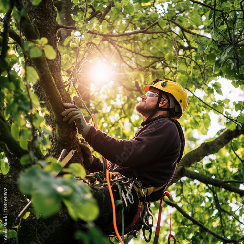 Wallpaper Mural skilled arborist climbs large tree, surrounded by vibrant green leaves, as sunlight filters through branches, creating serene and focused atmosphere Torontodigital.ca