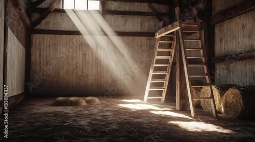 Sunbeams illuminating old wooden barn interior with hay bales