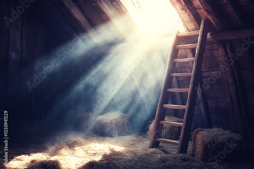 Attic Sunlight Beams on Hay, Wooden Ladder