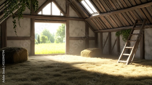 Sunlit Hayloft Barn Interior with Countryside View