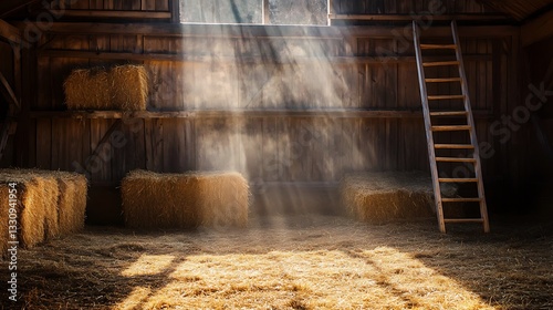 Sunlight streams into a rustic barn filled with hay