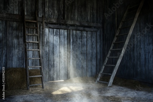 Dusty barn interior with sunlight streaming through doorway