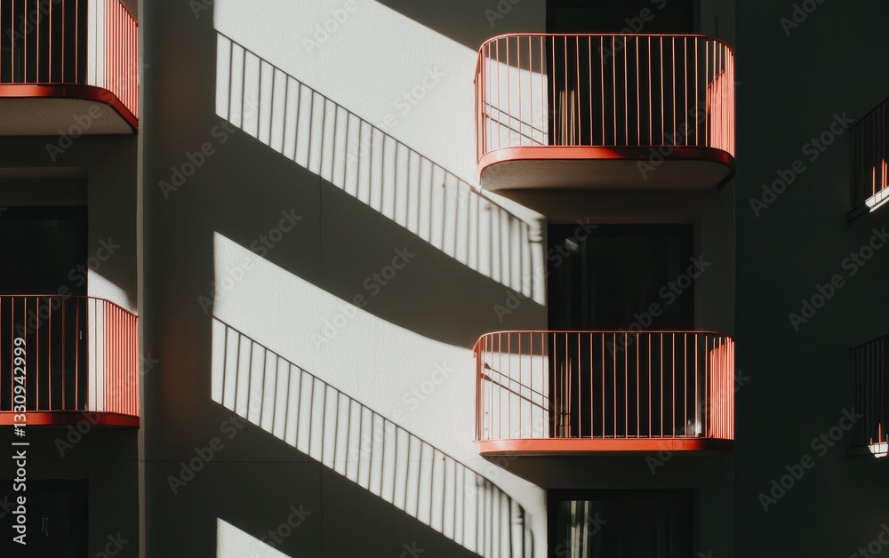 Fototapeta premium Red Balconies And Long Shadows On White Building
