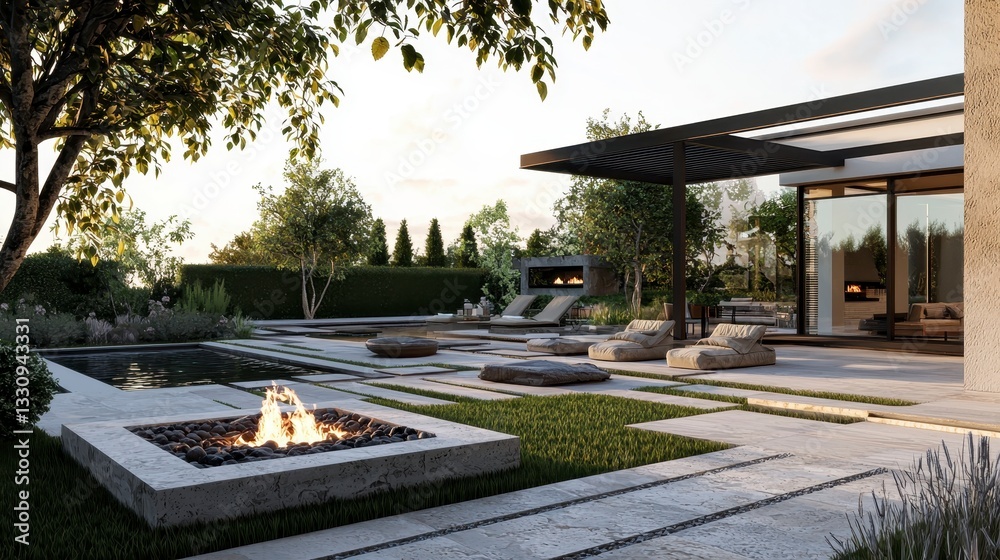Obraz premium Modern Outdoor Living Space with Pool and Cozy Fire Pit Area
