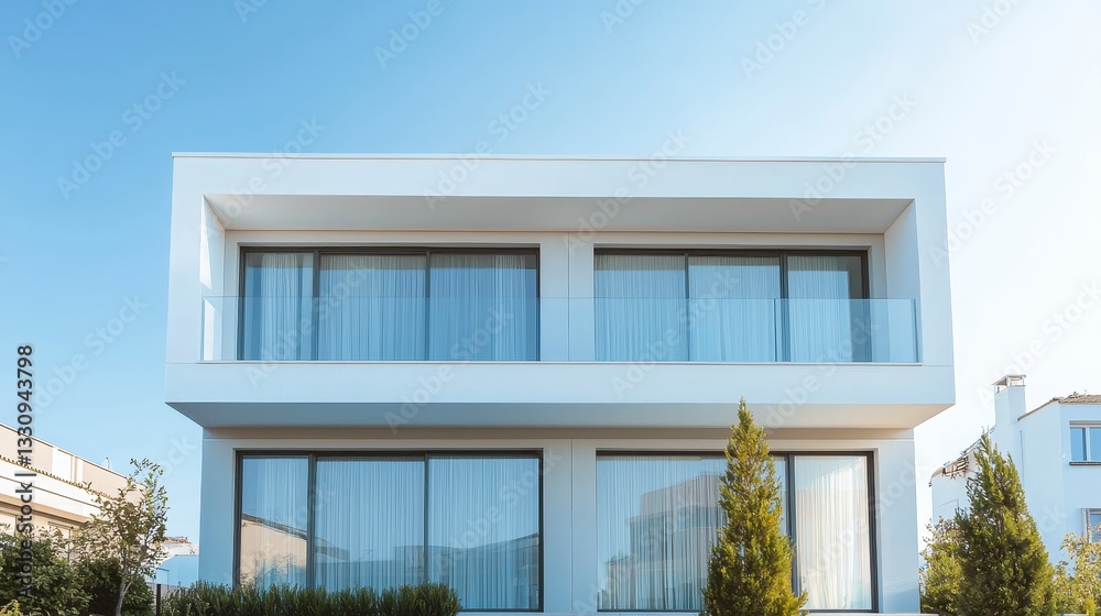 Fototapeta premium Modern Minimalist Architecture with Large Windows and Clear Sky