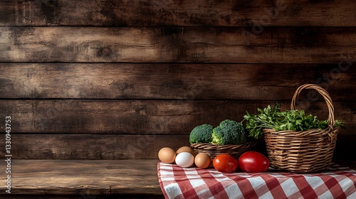 Rustic wooden table setting with vegetables and eggs