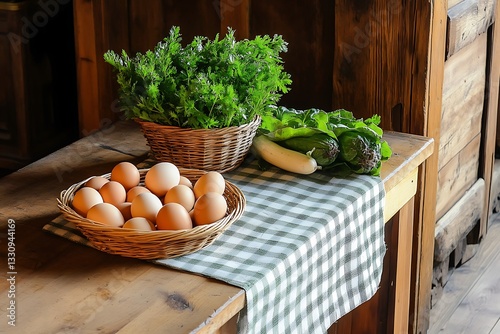 Fresh eggs and herbs on rustic wooden table, countryside setting
