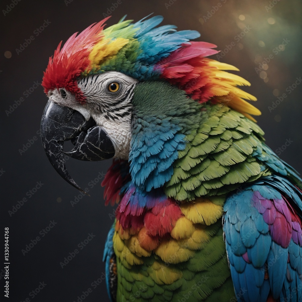 Obraz premium A surreal, fantasy-inspired parrot with iridescent rainbow feathers.