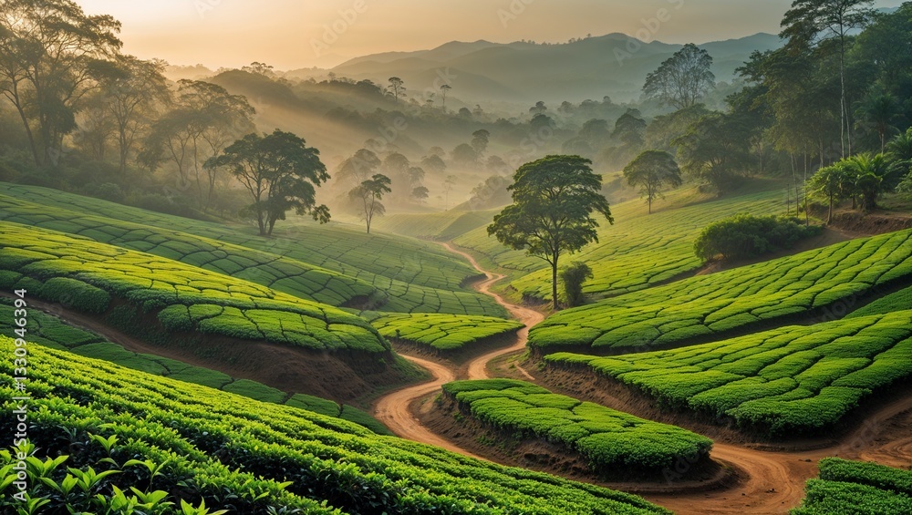 Fototapeta premium Misty green tea plantation at sunrise, serene landscape