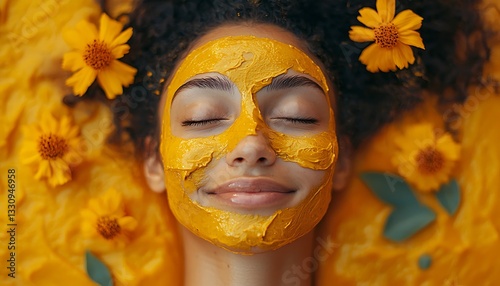 Woman enjoying a moment relaxation with a turmeric face mask, set against a backdrop that highlights natural ingredients and their benefits for skin health.