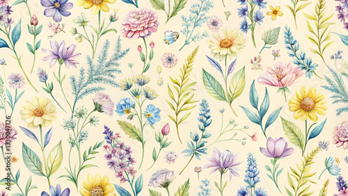 Wallpaper Mural Seamless Botanical Pattern of Watercolor Wildflowers in Pastel Hues. A Dreamy Hand-Painted Design on Soft Cream for Textiles and Stationery. Torontodigital.ca