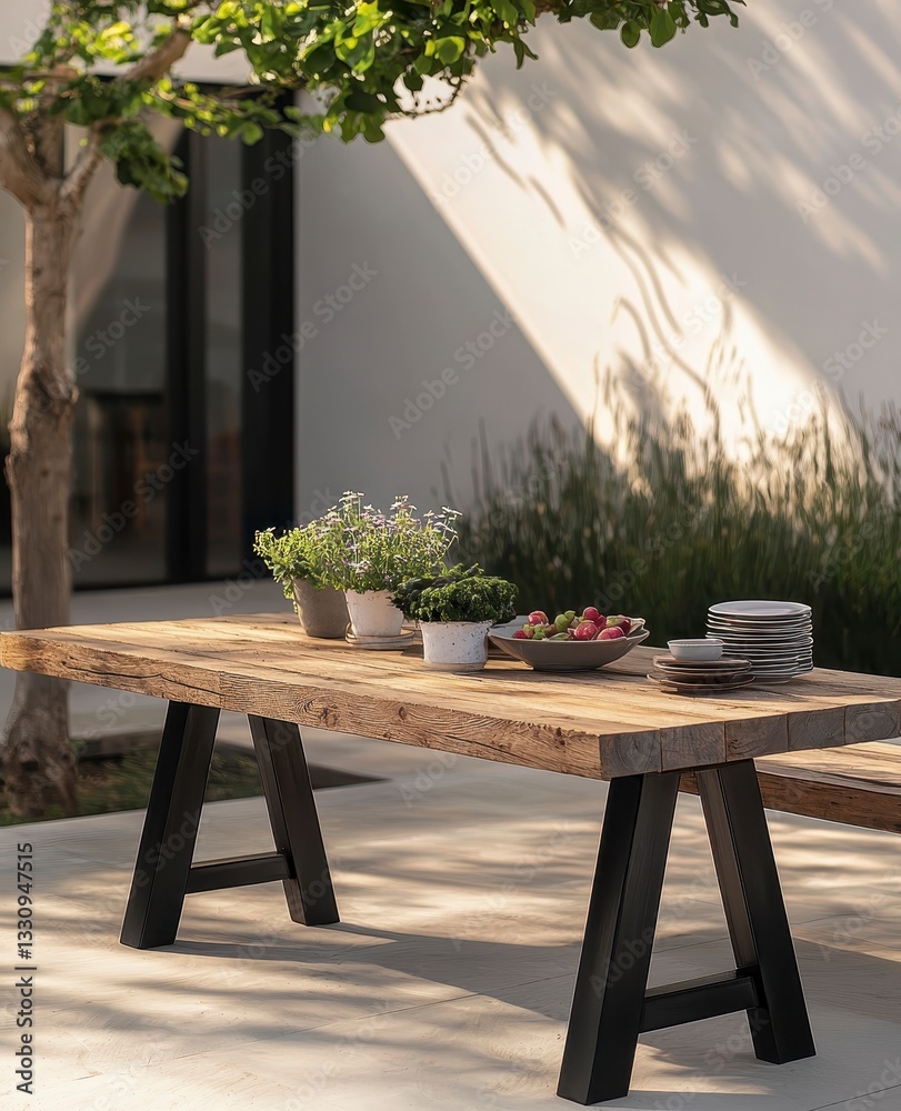 Fototapeta premium Rustic Outdoor Table Setup with Fresh Fruits and Green Plants