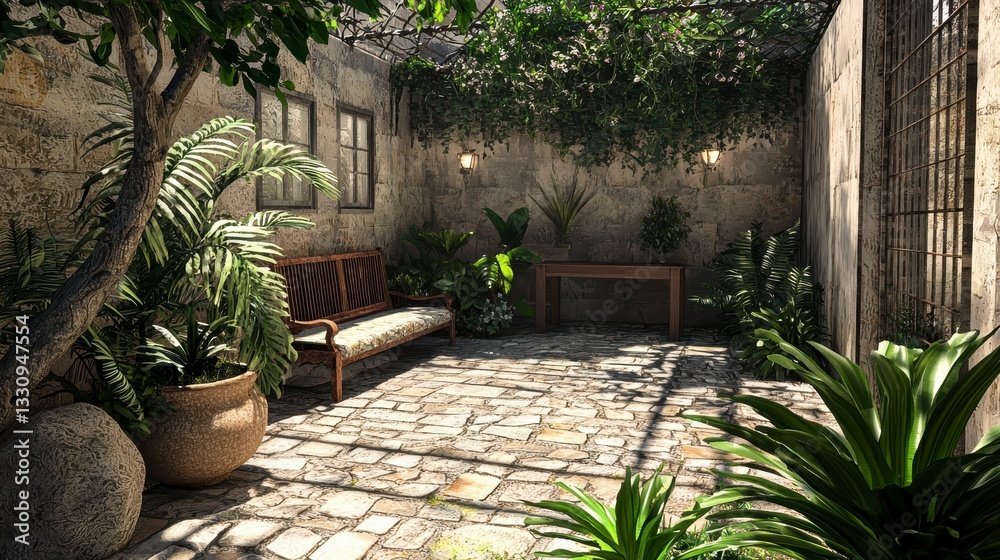 Serene Garden Space with Lush Greenery and Natural Stone Pathway Serene Garden Space with Lush Greenery and Natural Stone Pathway