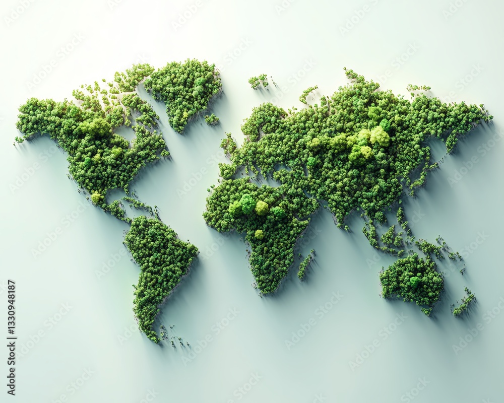 3Drendered world map formed by lush green forests 3Drendered world map formed by lush green forests