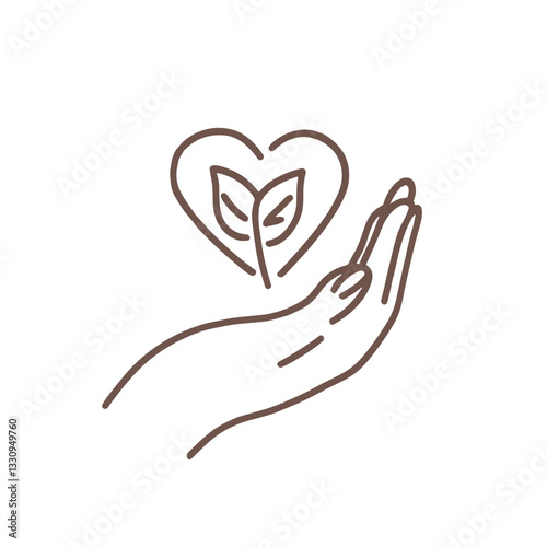 Illustration of a hand holding a heart and leaf symbol, promoting care for nature in a thoughtful design