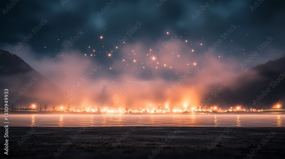 Fototapeta premium Magical Night Lights Misty Lake Cityscape Starry Sky