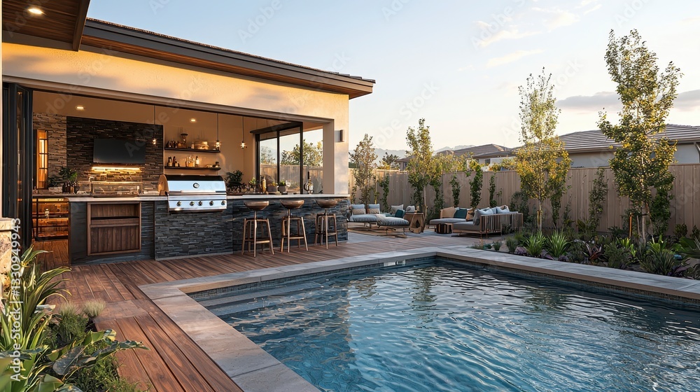 Obraz premium Modern outdoor kitchen and inviting swimming pool in residential area