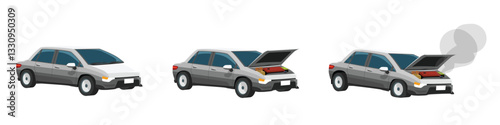 Status of car normal to damage. Cars in normal condition to cars with broken engines and flat tires. First car has its hood closed. Two have their hoods open. And Three with smoke. White background.