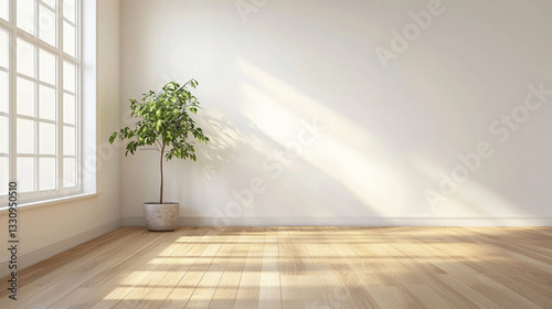 soft white walls, a simple minimalistic with a small lamp on it,