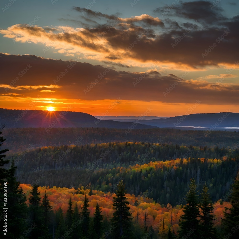Fototapeta premium Twilight Splendor: Conifers and Cliffs Amidst a Brilliant Sky