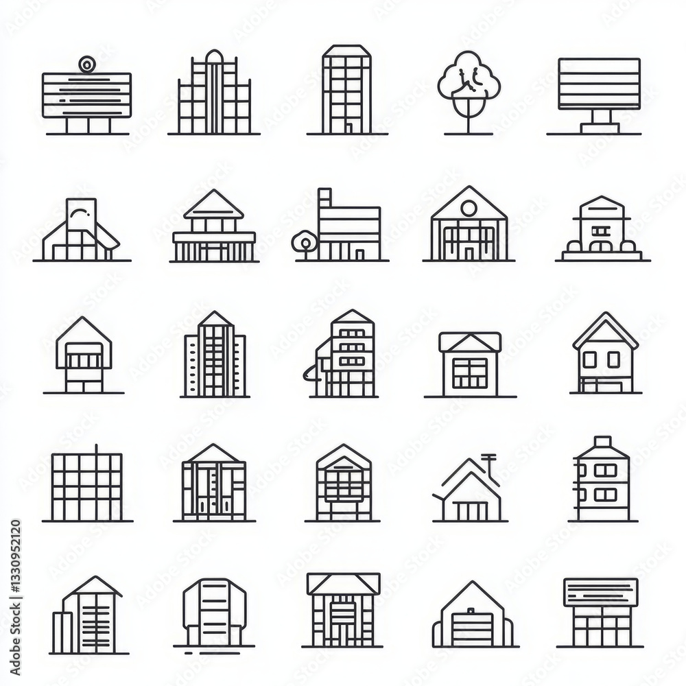Minimalist Black Line Drawings of Skyscrapers, Houses, and Commercial Buildings Minimalist Black Line Drawings of Skyscrapers, Houses, and Commercial Buildings