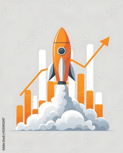 Illustration of an orange rocket launching into the sky with rising arrow and bar charts in the background, symbolizing business growth, success, and fast progress in startup development


