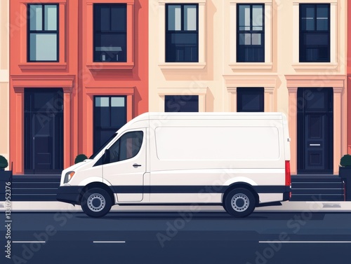 A white delivery van parked beside colorful townhouses on a city street.