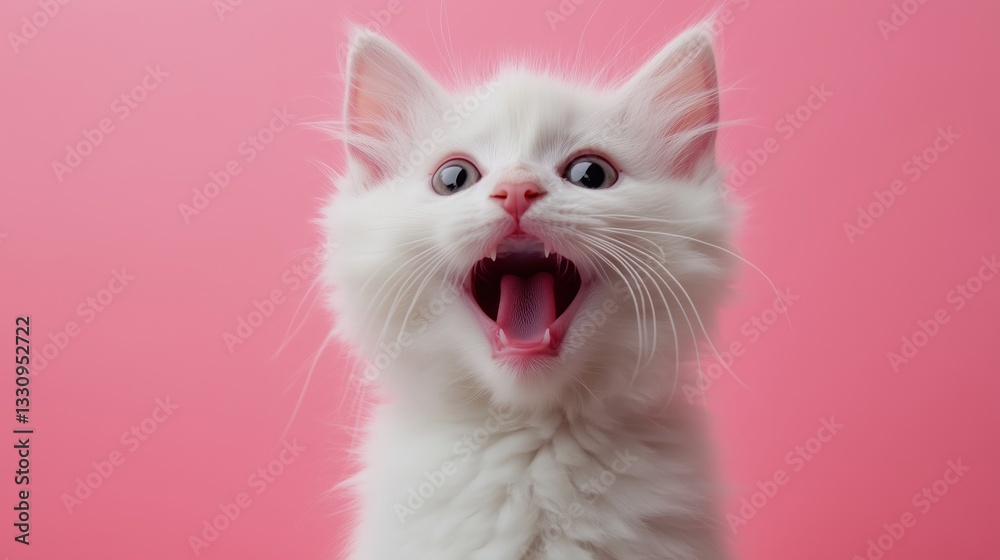 A surprised kitten with its mouth wide open on a pink backdrop. A surprised kitten with its mouth wide open on a pink backdrop.