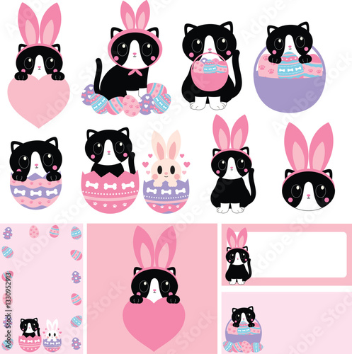 Easter cat clip art, cute cat with bunny ears, black and white kitten, Easter eggs clip art, pastel color cat, kawaii cat, cartoon Easter kitten, Easter bunny cat, spring animal clip art