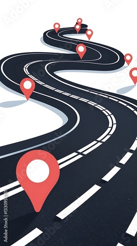 Abstract curved road illustration with red map pins marking checkpoints, representing navigation, journey planning, milestones, logistics, and travel direction in modern transport

