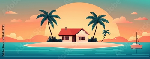 A tranquil tropical island scene with a house, palm trees, and a sunset background.