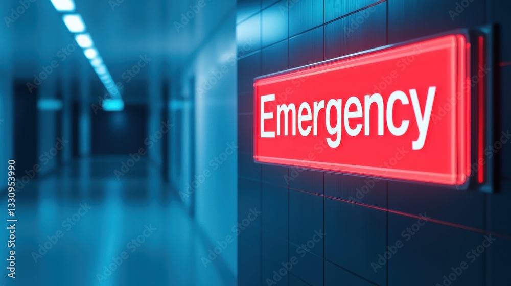 A bright red emergency sign illuminating a corridor, guiding urgent care seekers. A bright red emergency sign illuminating a corridor, guiding urgent care seekers.